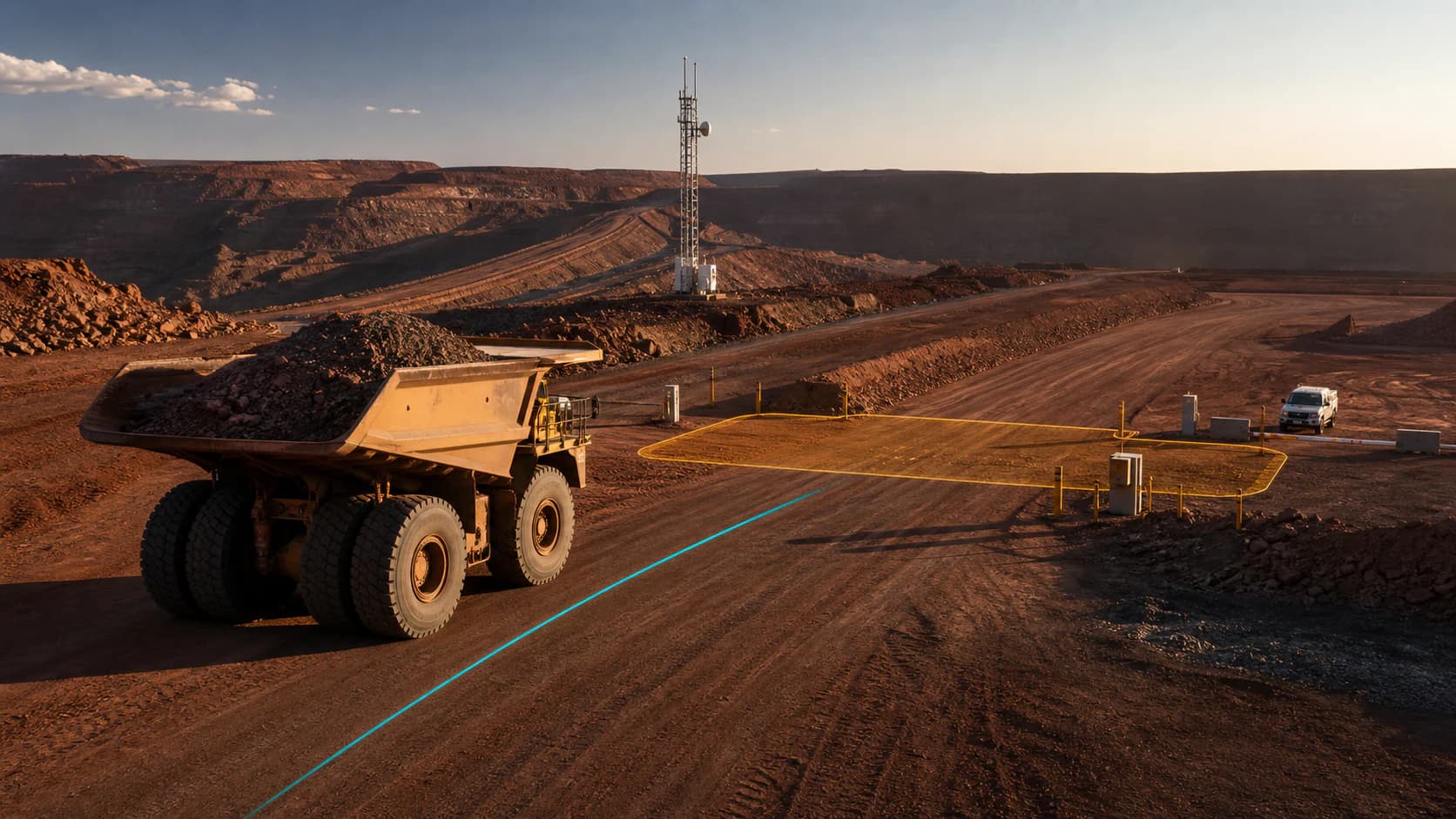 Autonomous haul truck approaching a changed open-pit intersection where a temporary light-vehicle crossing, shifted windrow and earlier fleet route no longer agree.