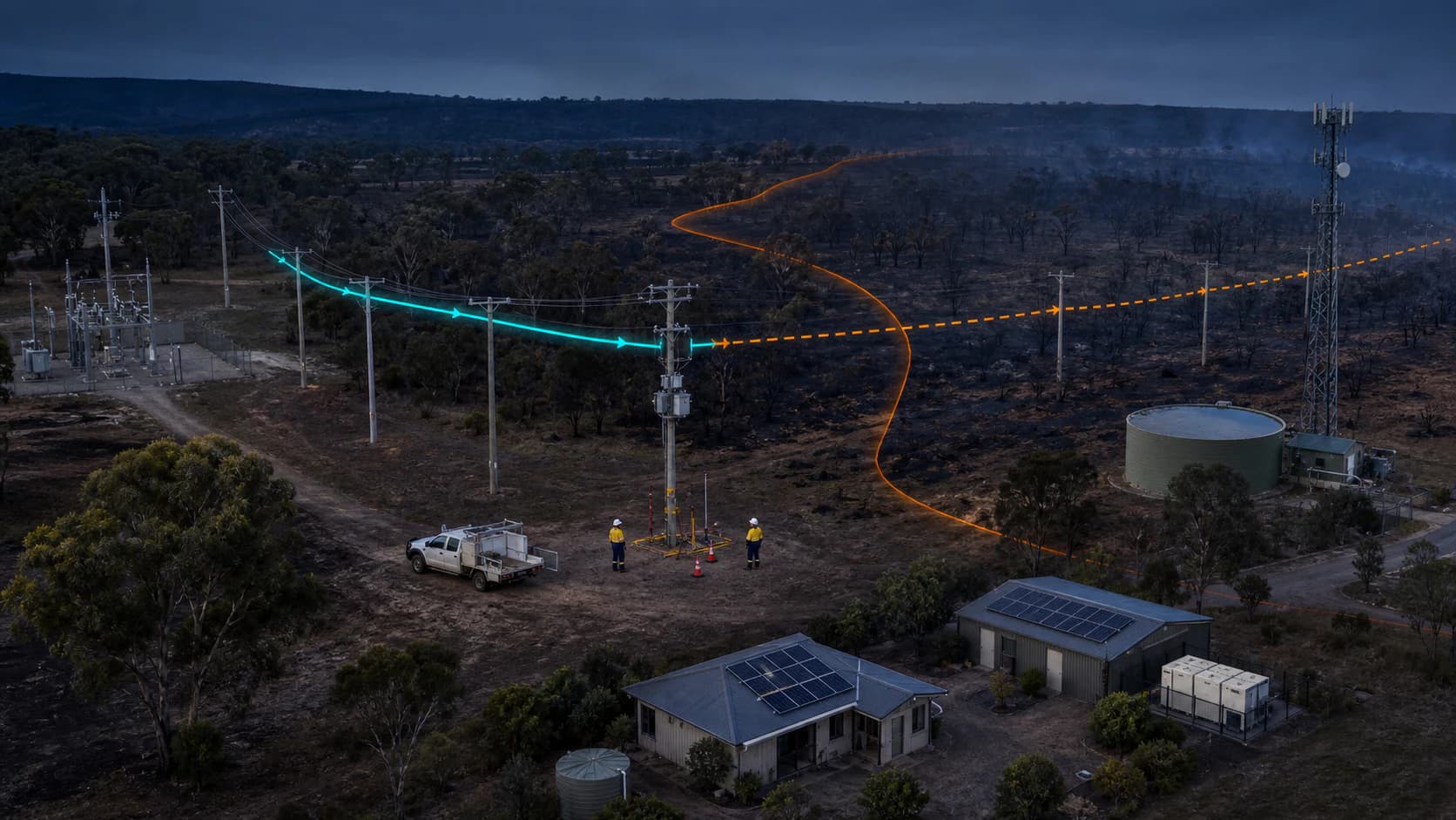 Australian regional distribution feeder after a bushfire, showing a proposed back-feed route crossing an uninspected span, active crew isolation and changing fireground boundary.