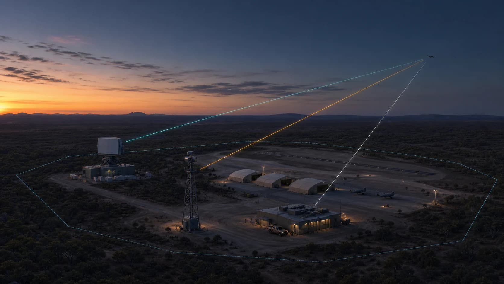Fictional defended airbase at blue hour with radar, radio-frequency and electro-optical sensors observing a small uncrewed aircraft near an active flight line.