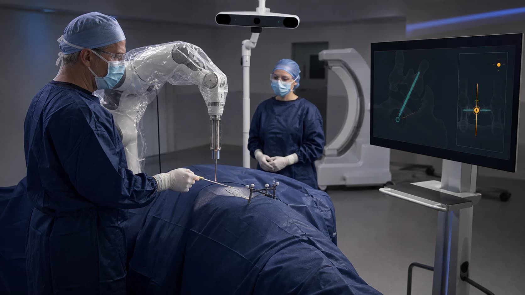 Spinal-navigation review showing the surgeon-approved L4 pedicle trajectory, current registration evidence, tracked reference frame and robotic tool guide held before instrument advance.