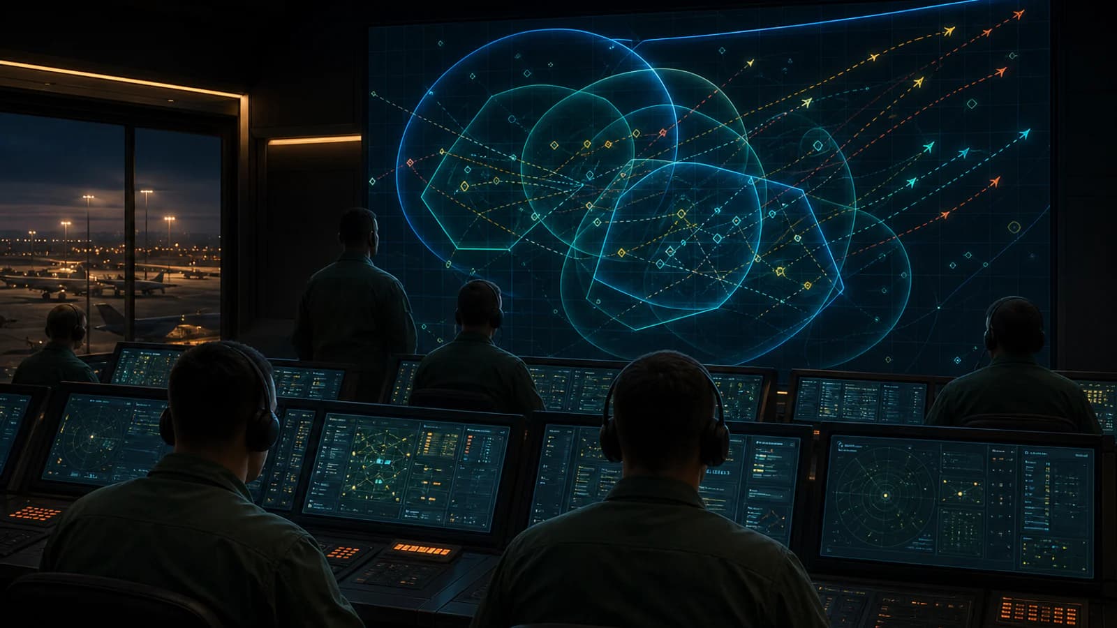 Illustrated fictional air-defence operations centre where operators supervise a shared multi-track air picture.