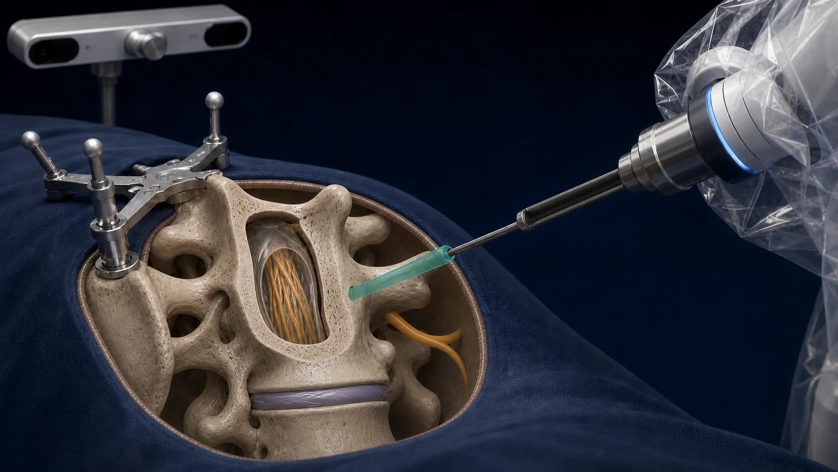 Posterior-oblique educational cutaway of robot-assisted left L4 pedicle-screw instrumentation, showing the pedicle corridor, cauda equina, exiting nerve root, optical tracking and a navigated instrument held outside bone.
