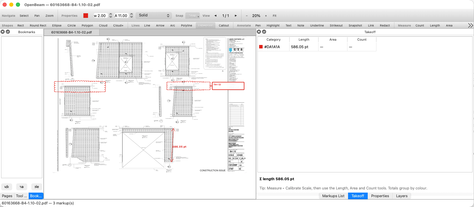 OpenBeam macOS interface showing a PDF drawing with red markups, a measurement annotation, and the takeoff panel.