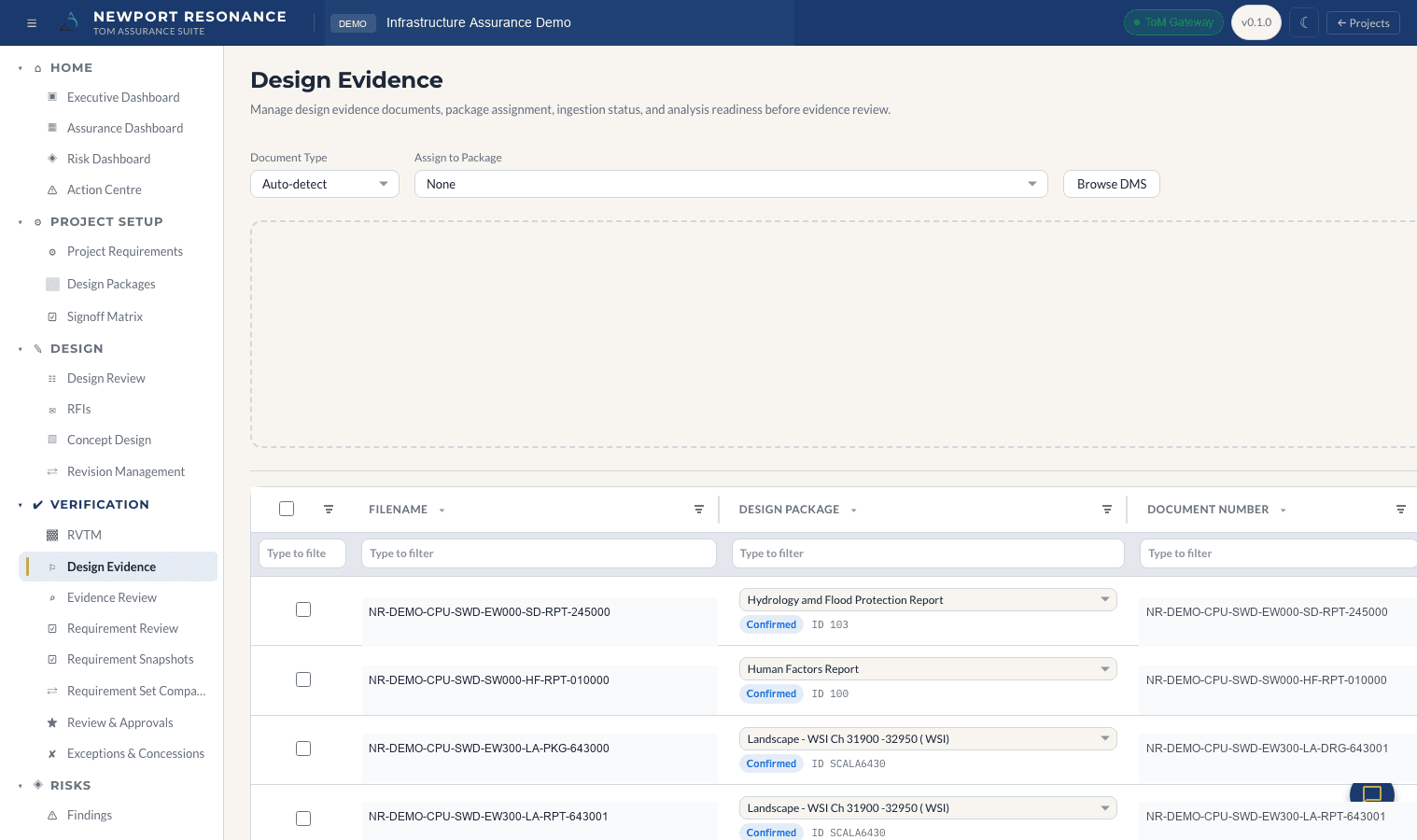 Design evidence screen showing design package assignments, document metadata, and evidence readiness controls.
