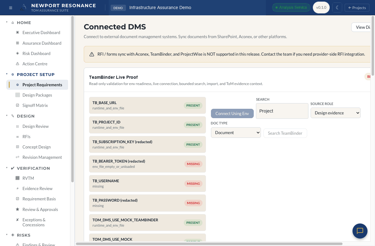 Connected DMS screen showing TeamBinder readiness fields, source role selection, and document search controls.