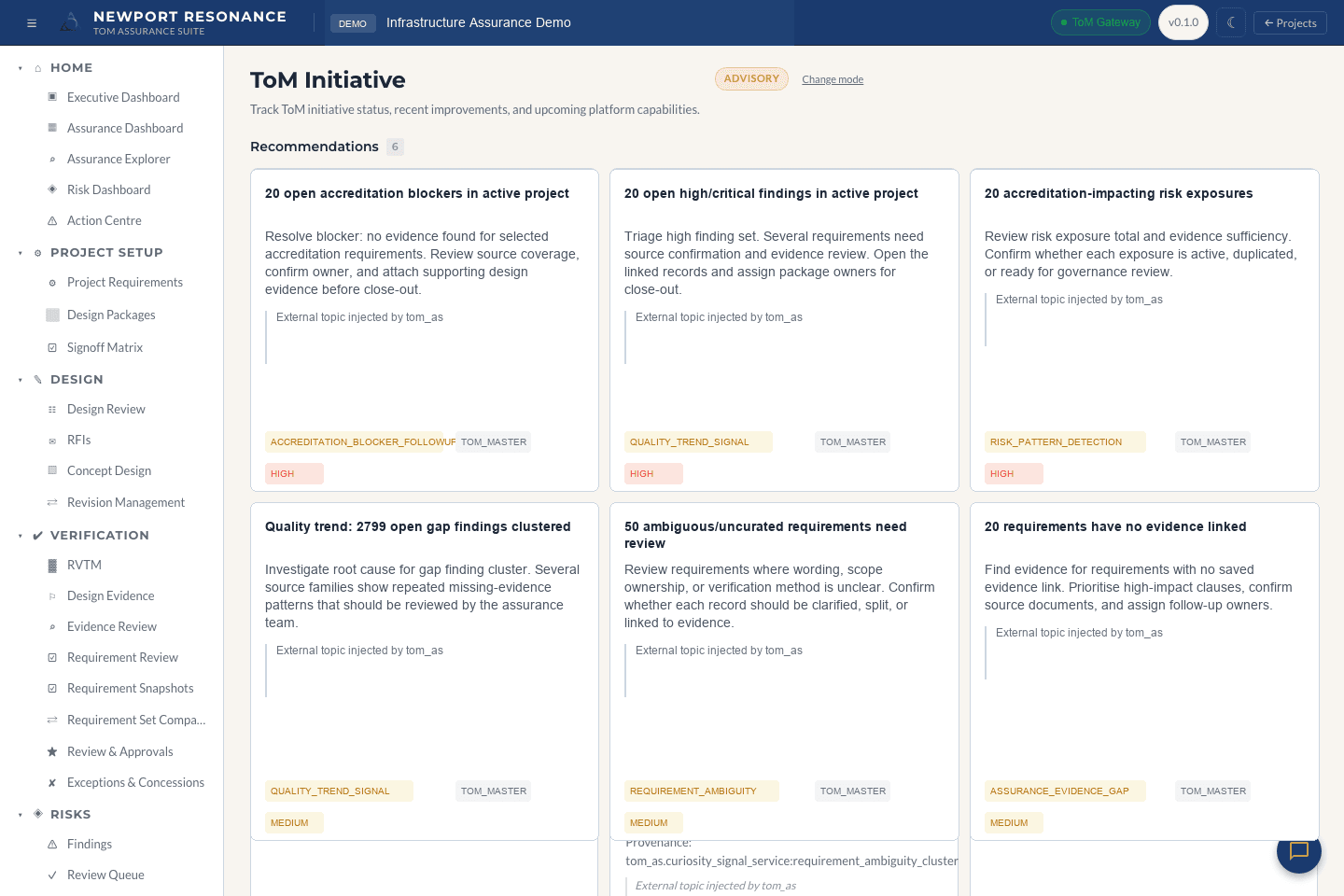 ToM Initiative screen showing recommendation cards for blockers, findings, risk exposures, quality trends, and evidence gaps.