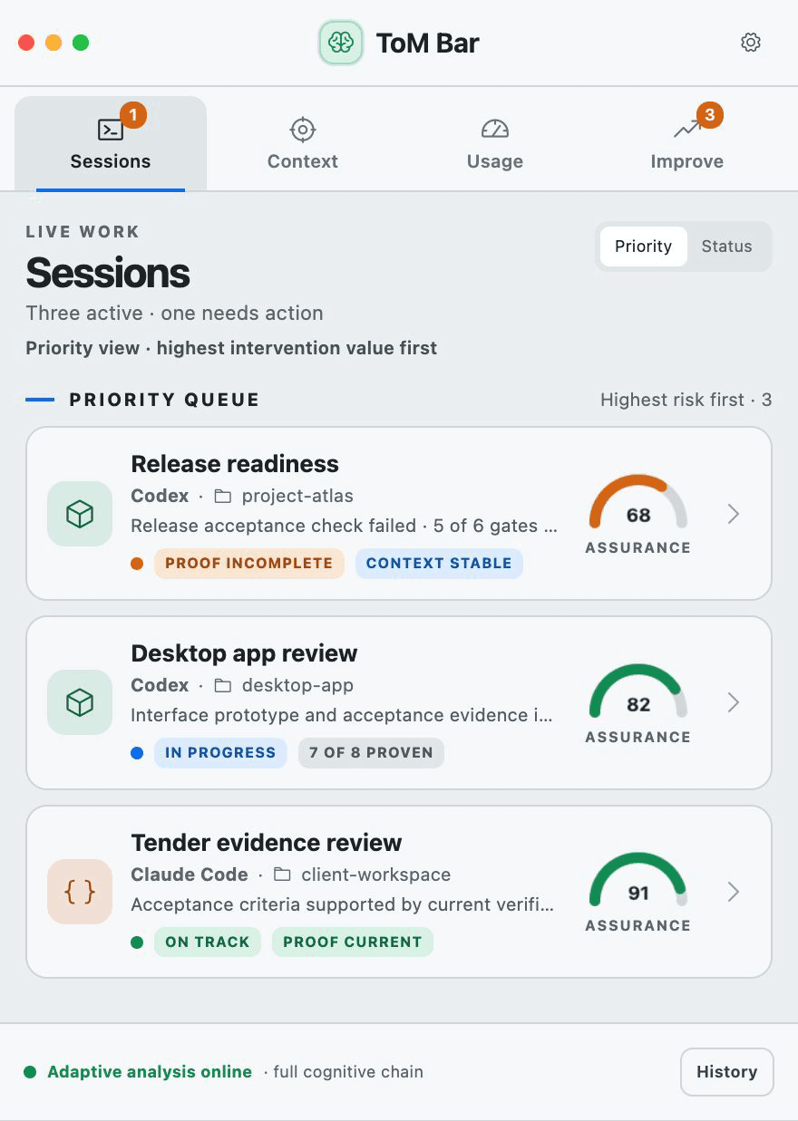 ToM Bar Sessions screen prioritising concurrent Codex and Claude Code sessions by the issue that needs attention.