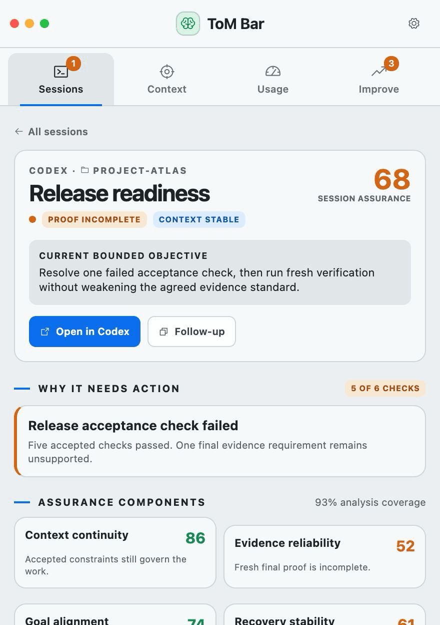 ToM Bar session detail screen naming an incomplete acceptance check and showing separate assurance components and evidence.