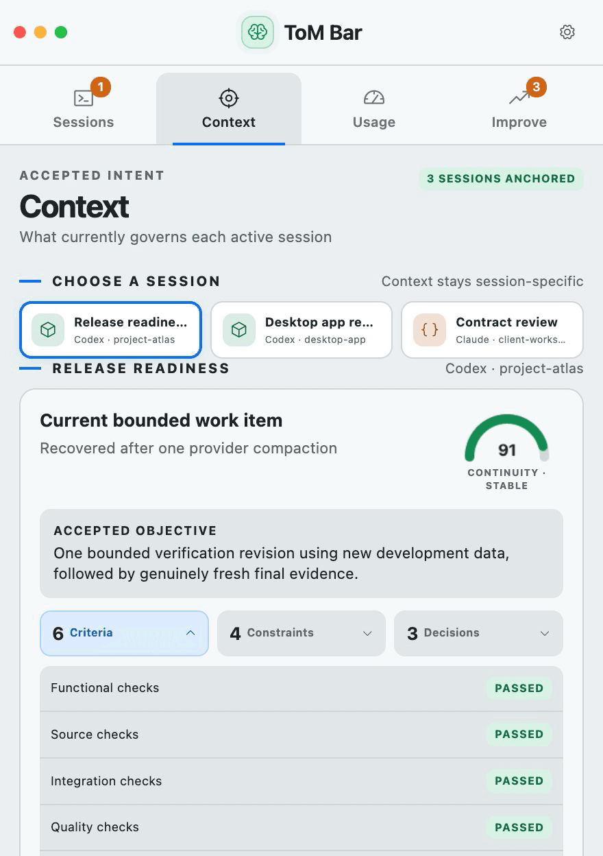 ToM Bar Context screen showing an accepted objective, completion criteria, constraints and session-specific context anchors.