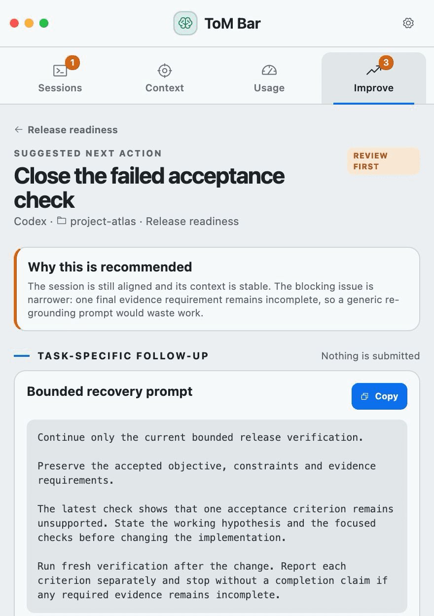 ToM Bar suggestion screen previewing a bounded recovery prompt and the evidence required before reporting improvement.