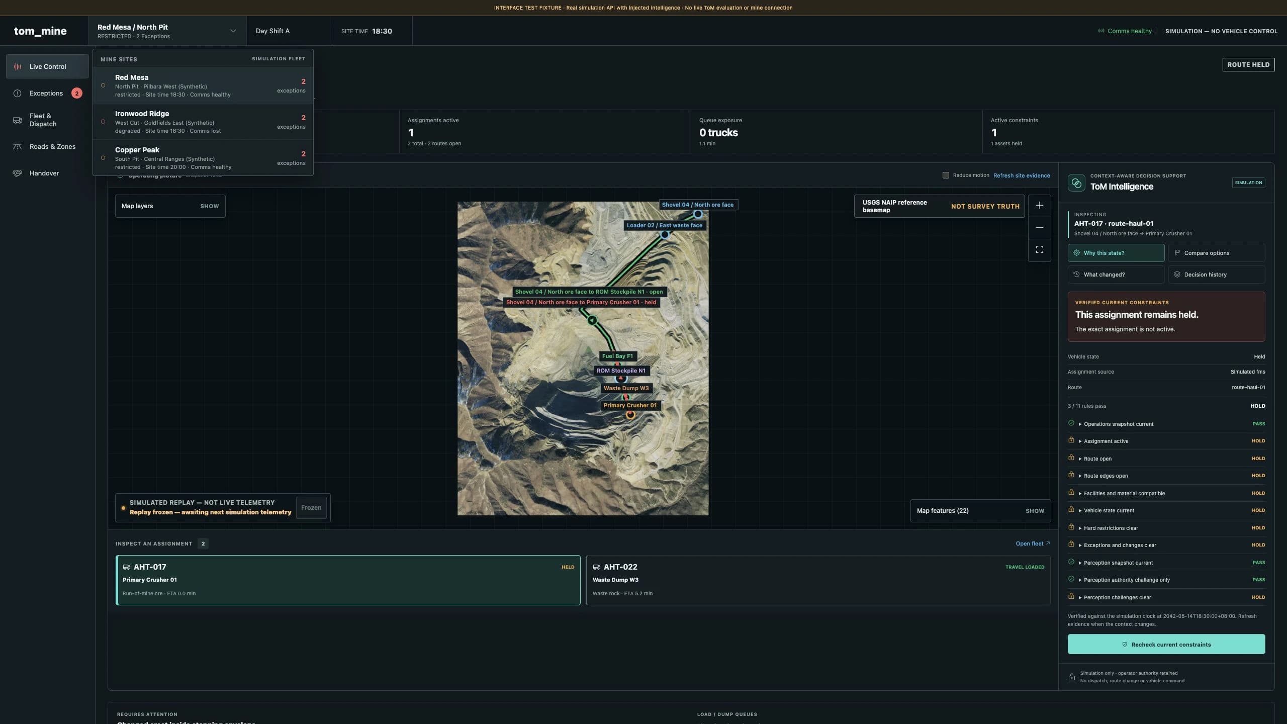 ToM Mine site selector listing three simulated open-pit mines and their separate operating states, with the selected site's map, assignments and ToM Intelligence workspace below.