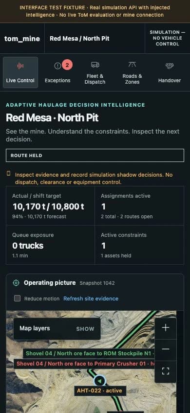 ToM Mine at a narrow screen width, showing the simulated site's operating summary, the top of the haulage map and the Reduce motion control.
