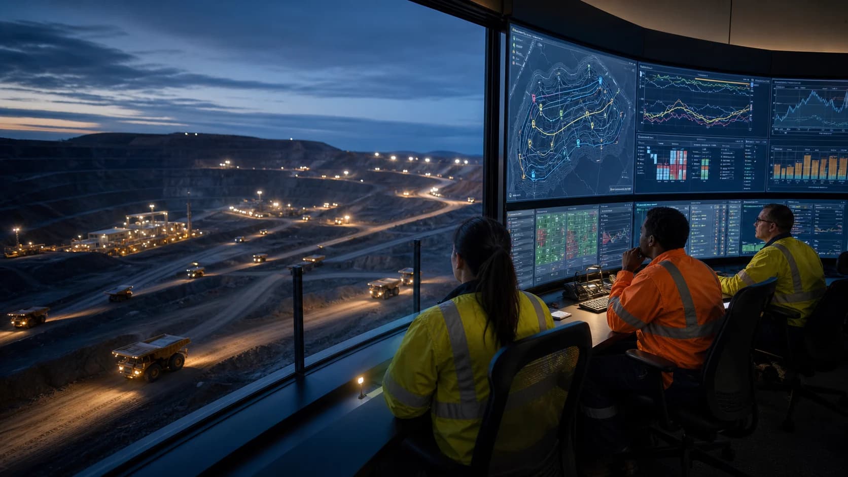 Illustrative evening view from an open-pit mine operations centre, with three operators facing generic haulage maps, fleet tables and trend screens while mine vehicles travel on lit roads outside.