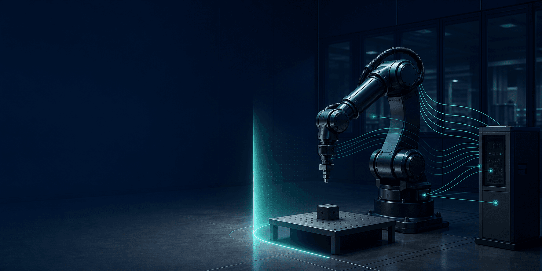 A simulated robot workcell with a separate teal governance boundary between planning and physical action.