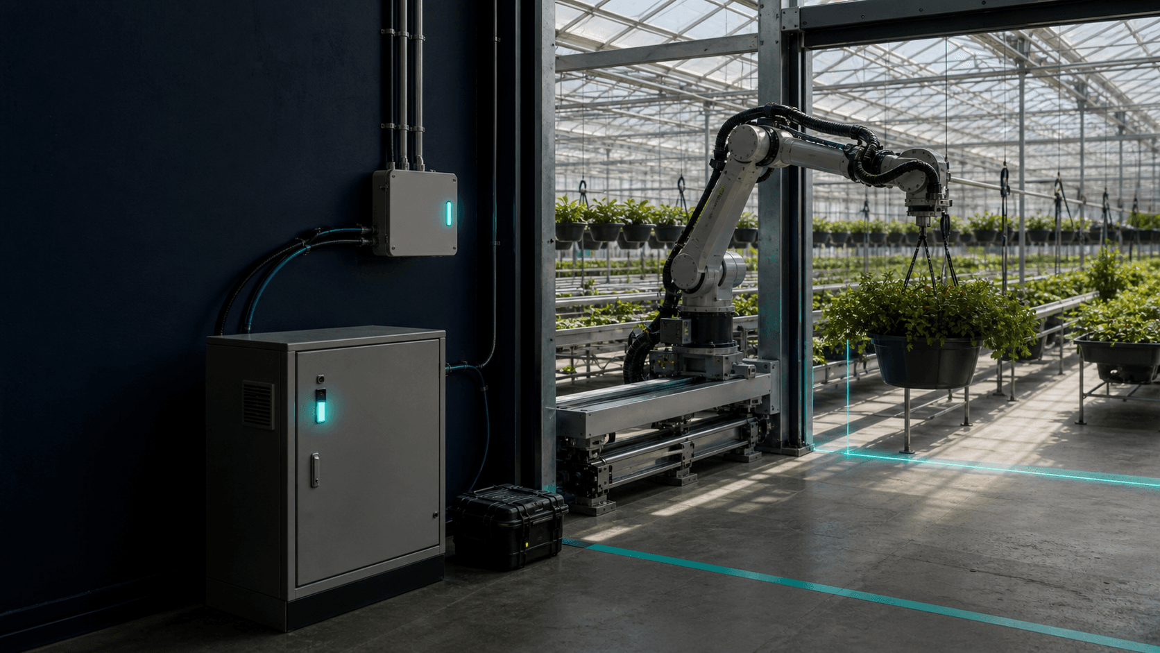 Robot arm in a greenhouse facing a marked keep-out region around hanging plants, with a permitted path stopping at the boundary.